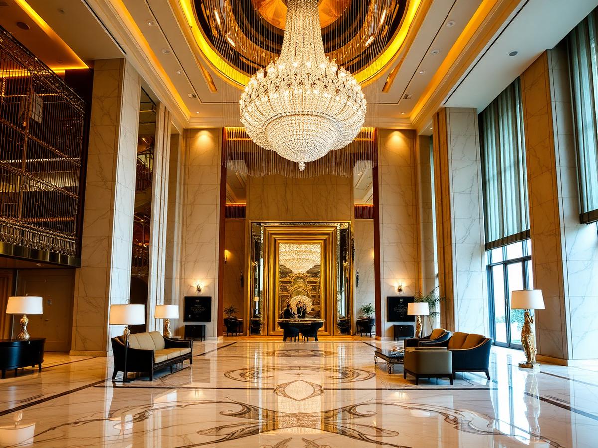 Luxury hotel lobby with crystal chandelier